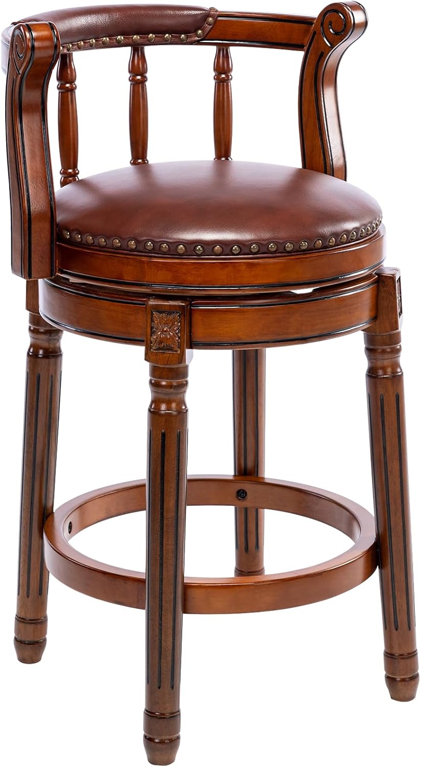 Cow top Leather Wooden Bar Stools, 360 Degree Swivel Bar Height Chair with Backs for Home Kitchen Counter, Morden Chair Barstools (Brown 1pc, Counter Height-Seat Height 26”)