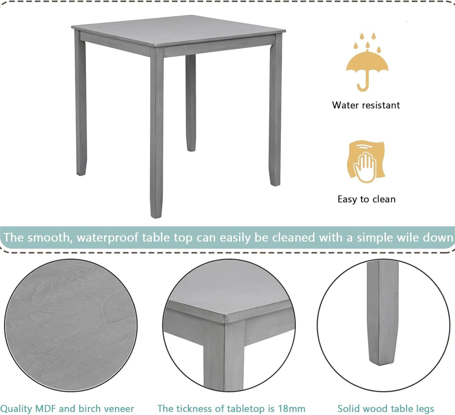 Dining Table for 4, Wooden Rectangular Kitchen Table with Natural Woodgrain Finish, 36" H MDF Modern Dining Table with Solid Wood Tapered Legs and Rounded Corners, Easy Assembly, Gray