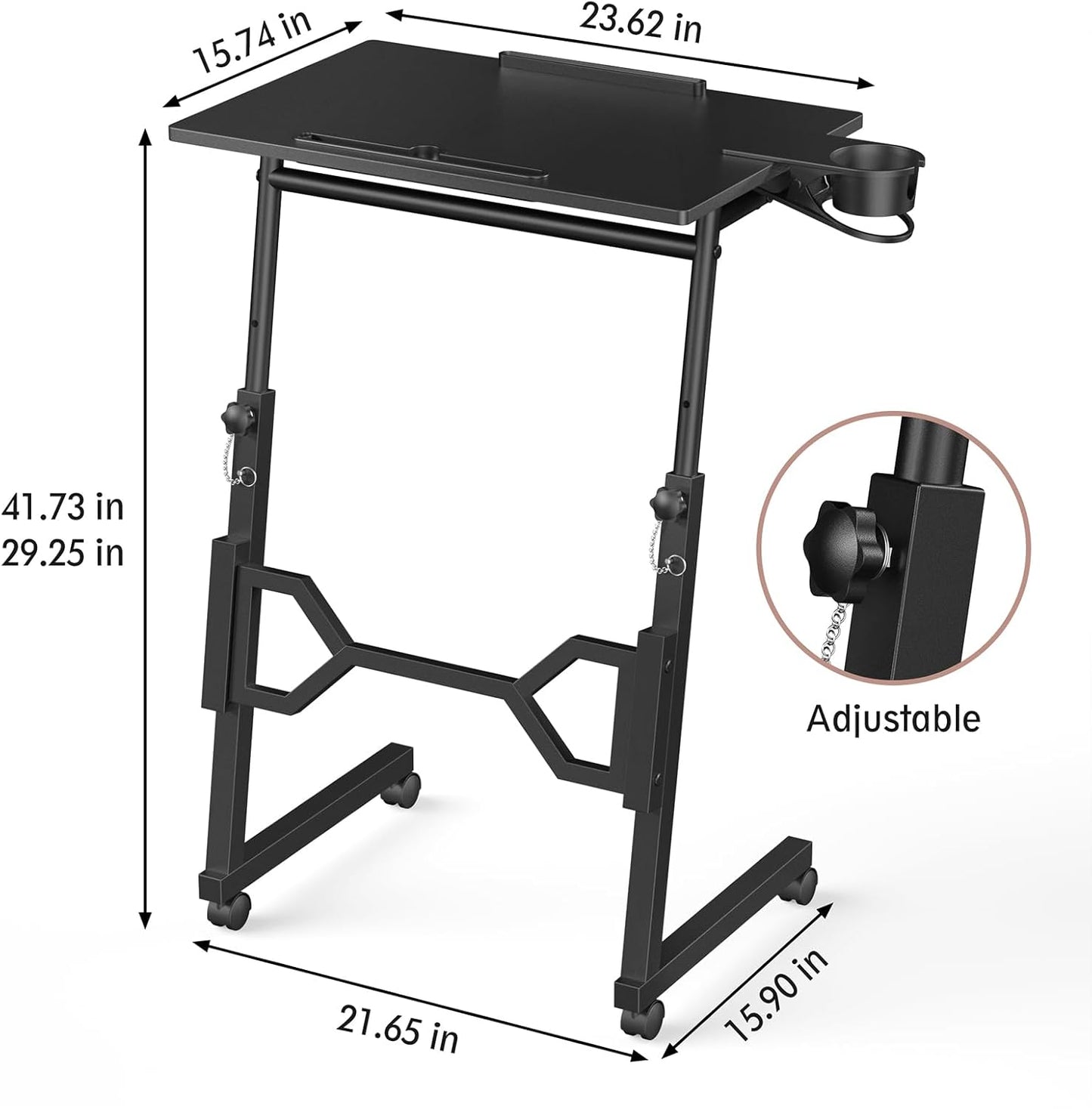 Small Standing Desk with Wheels, Portable Treadmill Desk, Rolling Desk Adjustable Height for Laptop, Mobile Standing Table for Walking Pad, Bedside Table