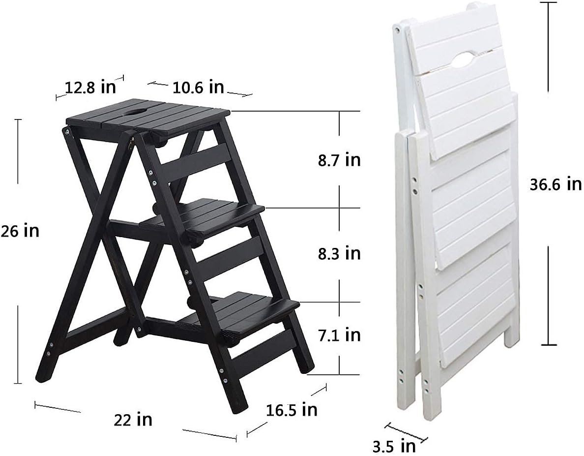 KINGBO Step Stool for Adults/Step Ladder/Counter Chair, 3-Step Folding Portable Wooden Step Stool, Anti-Slip & Lightweight (Black)