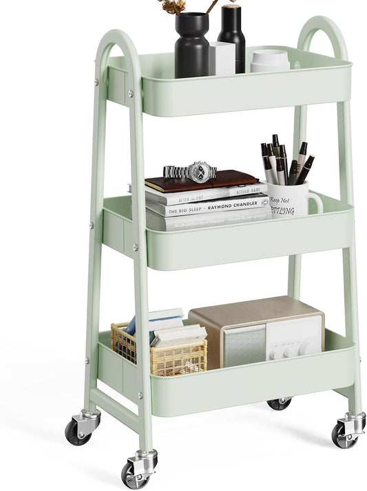OLIXIS 3 Tier Utility Rolling Cart with Lockable Caster Wheels, Metal Mobile Storage Shelf, Organization for Livingroom, Bathroom, Kitchen, & Narrow Places, Light Green
