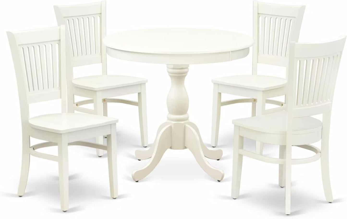 East West Furniture AMVA5-LWH-W 5 Piece Kitchen Table & Chairs Set Includes a Round Dining Room Table with Pedestal and 4 Dining Chairs, 36x36 Inch, Linen White