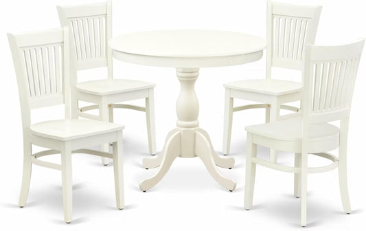 East West Furniture AMVA5-LWH-W 5 Piece Kitchen Table & Chairs Set Includes a Round Dining Room Table with Pedestal and 4 Dining Chairs, 36x36 Inch, Linen White