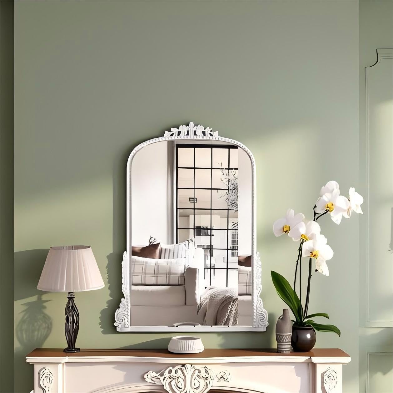 SHYFOY Antique Wall Mirror - White Baroque Arch Mirror for Wall Decor, 31.5" x 23.6" Decorative Mirror, Traditional Elegance for Living Room, Entryway, Mantel