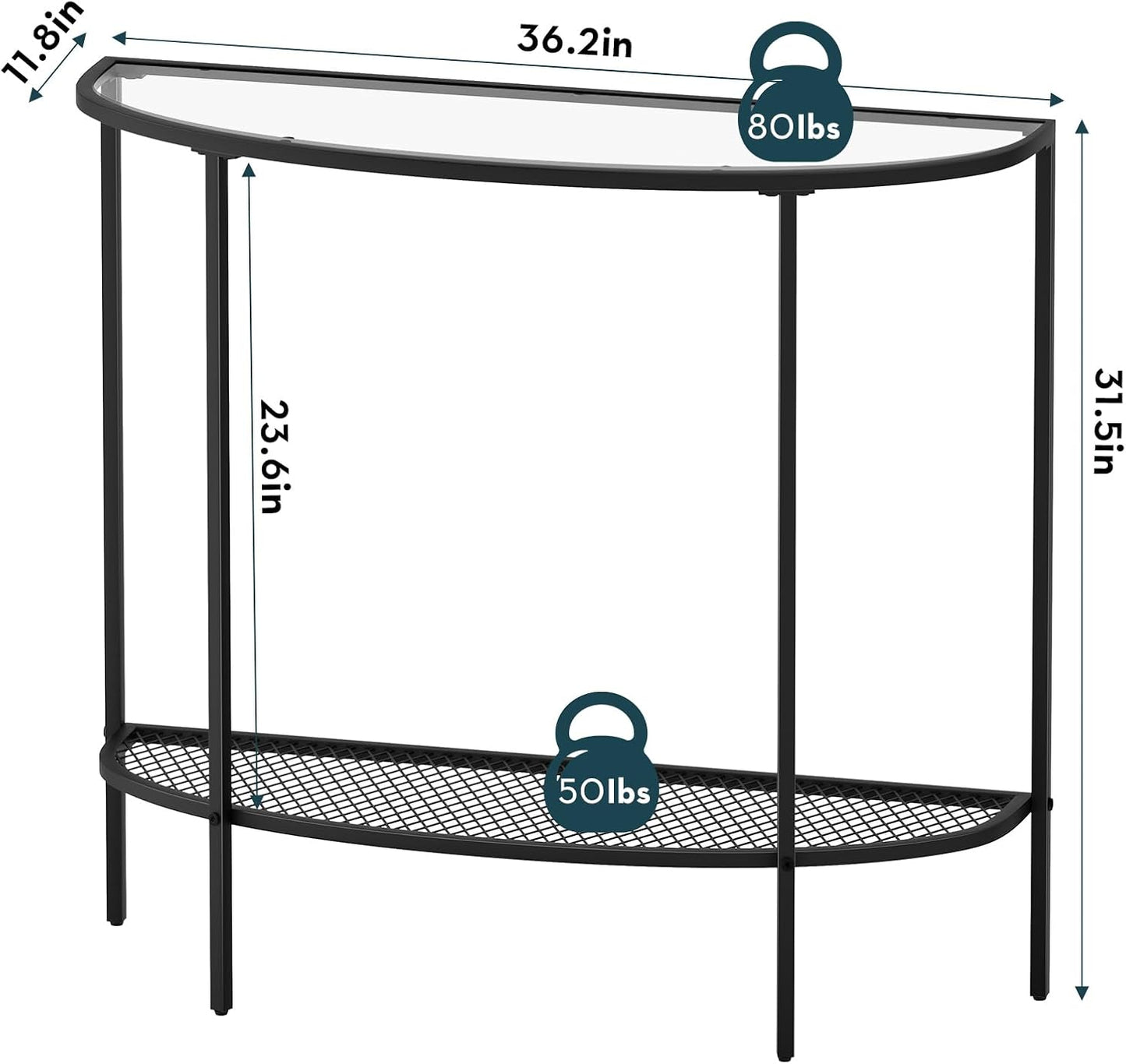 SAYGOER Glass Half Moon Console Table 2 Tier Narrow Entryway Table with Black Metal Frames, Modern Couch Table Small Entry Way Tables, Easy Assembly, Clear Glass