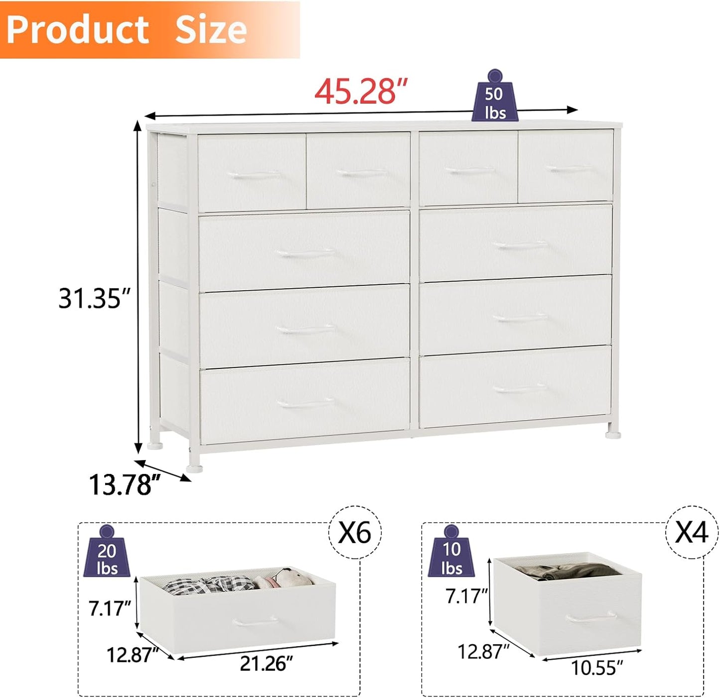 Furnulem Bedroom Dresser White for 55”Long TV Stand Entertainment Center Dressers & Chests of Drawers,10 Storage Fabric Drawer, Sturdy Metal Frame Tall Storage Cabinet for Living Room, Entryway