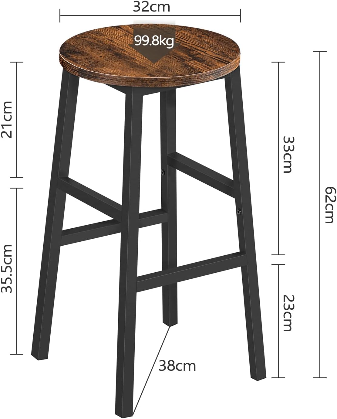 Bar Stools, Set of 2 Round Bar Chairs with Footrest, 24.4 Inch Kitchen Breakfast Bar Stools, Industrial Bar Stools, Easy Assembly, for Dining Room, Kitchen, Rustic Brown BAHR0201Z