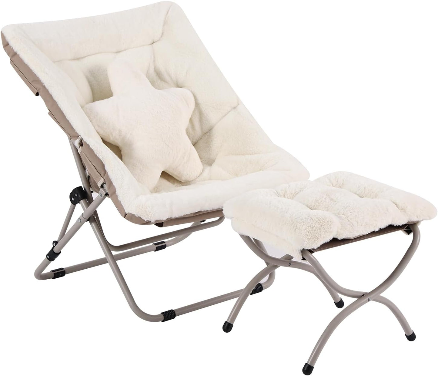 Welnow Comfy Saucer Chair with Ottoman, Oversized Folding Reading Chair for Adults with Throw Pillow Soft Faux Fur Lounge Chair for Bedroom Furry Accent Chair for Living Room, Dorm Rooms, Beige