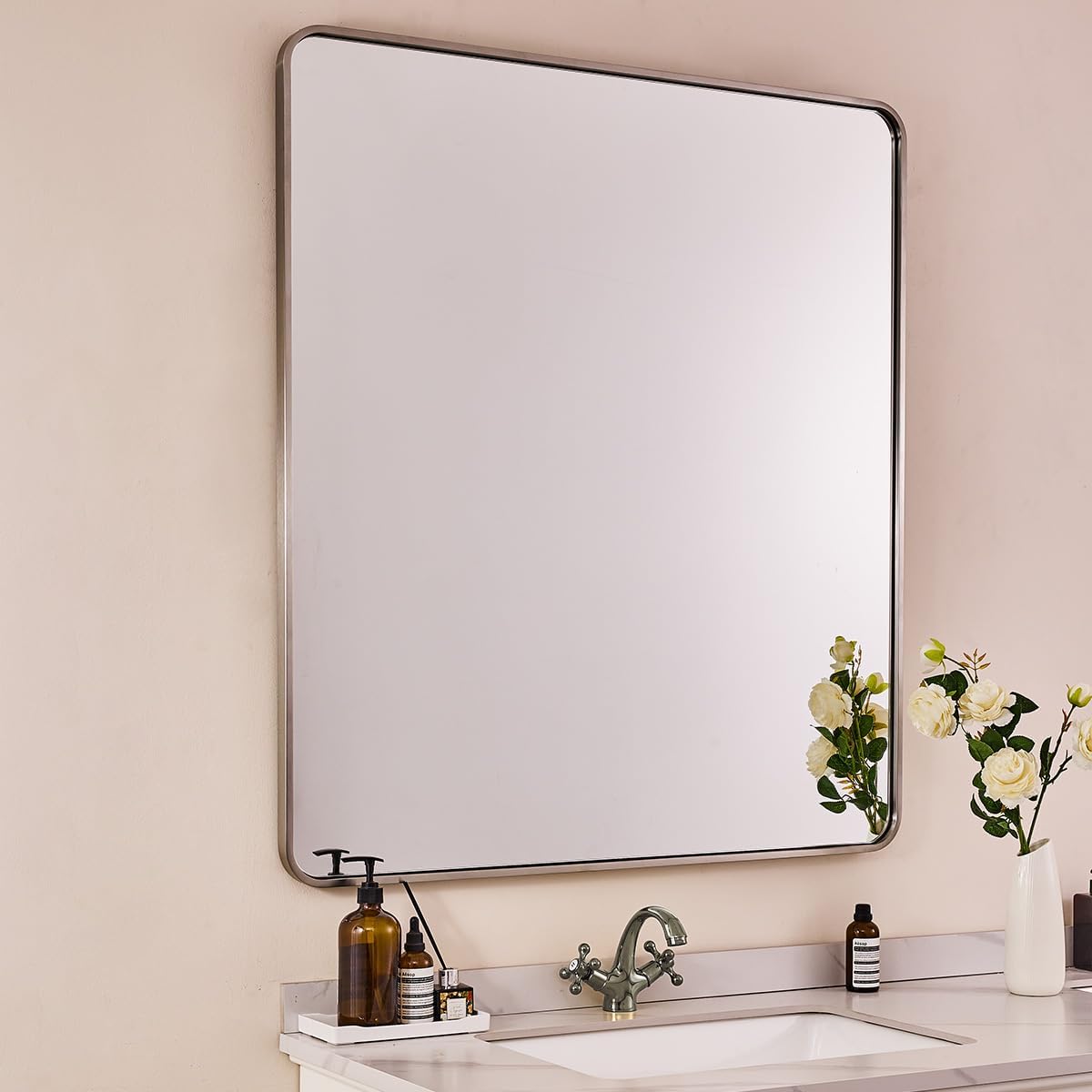 ANDY STAR 40x32 Inch Brushed Nickel Bathroom Mirror, Rounded Rectangle Bathroom Vanity Mirrors for Wall, Anti-Rust SUS304, Seamless Tube Metal Frame, 1’’ Deep Wall Mounted Vertically/Horizontal