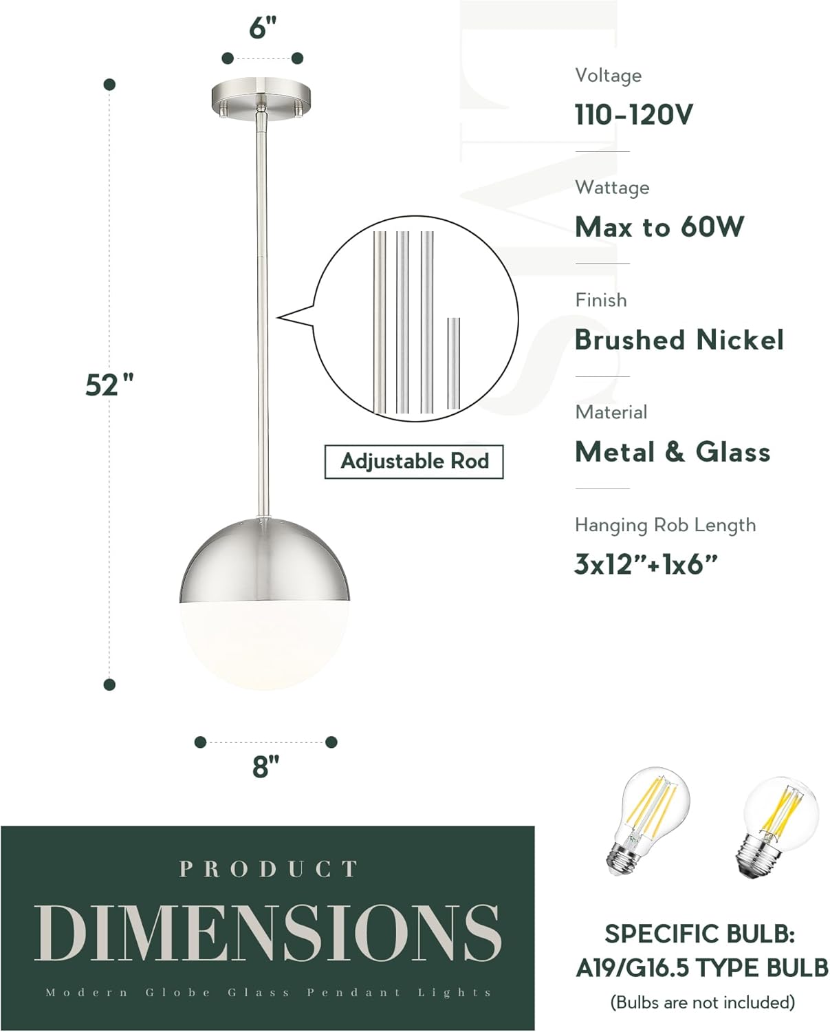 LMS Brushed Nickel Pendant Lights Kitchen Island, 8" Modern Globe Pendant Light Fixtures with Milk White Glass, Adjustable Hanging Lighting for Kitchen Island Sink Bedroom Bathroom, LMS-203