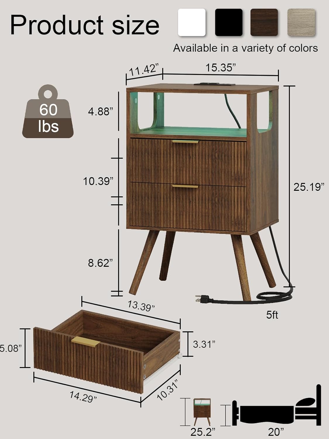 Nightstand, Modern Bedside Table with 2 Storage Drawer and Open Wood Shelf for Bedroom and Small Spaces, Night Stand with Solid Wood Legs (Walnut Brown-Outlet)