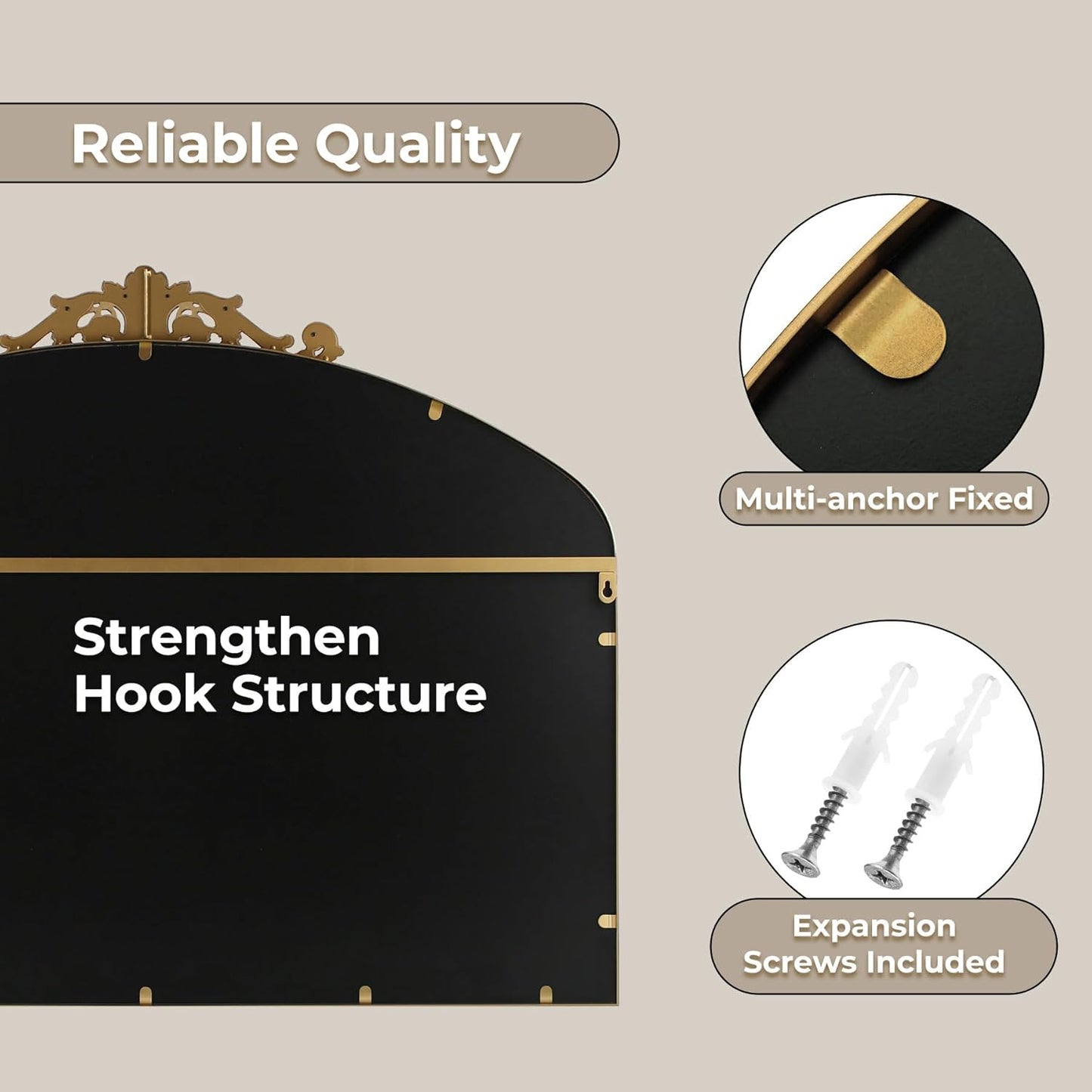 Large Ornate Gold Antique Mirror 40” x 30”, Vintage Wall Mirror with Gold Beaded Arch Frame, Dresser Mirror for Dining Room,Living Room, Sofa Wall, or Hallway Decor