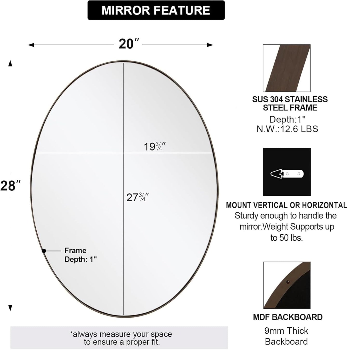 ANDY STAR Brushed Bronze Oval Mirrors for Bathroom, 20x28 Inch Bronze Stainless Steel Metal Framed Oval Wall Mirror, Modern Vanity Mirror Wall Mount Horizontal or Vertical