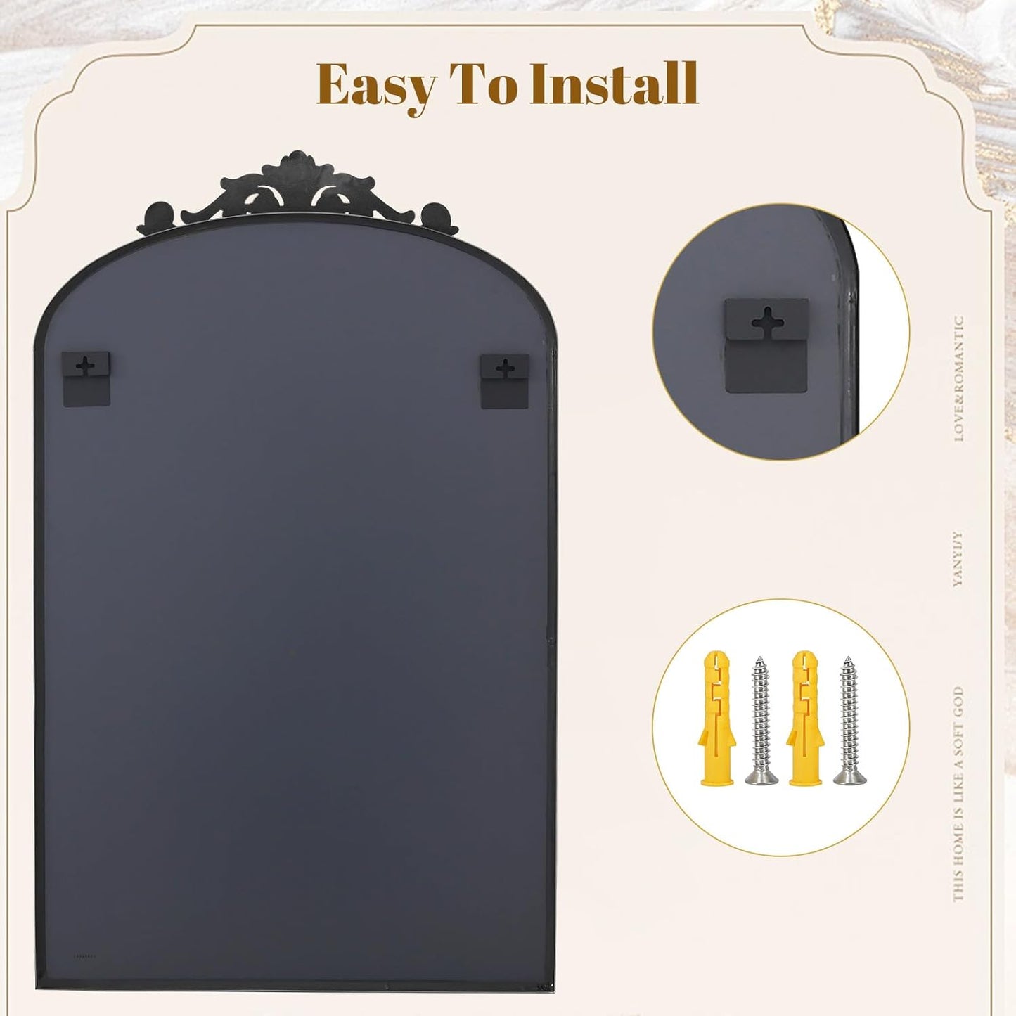 24x36 inch Vintage Arched Bathroom Mirror - Gorgeous Wall Vanity Mirror with Beautiful Retro Top and Bottom Engraving Process Frame for Entryway Hallway Living Room, Black