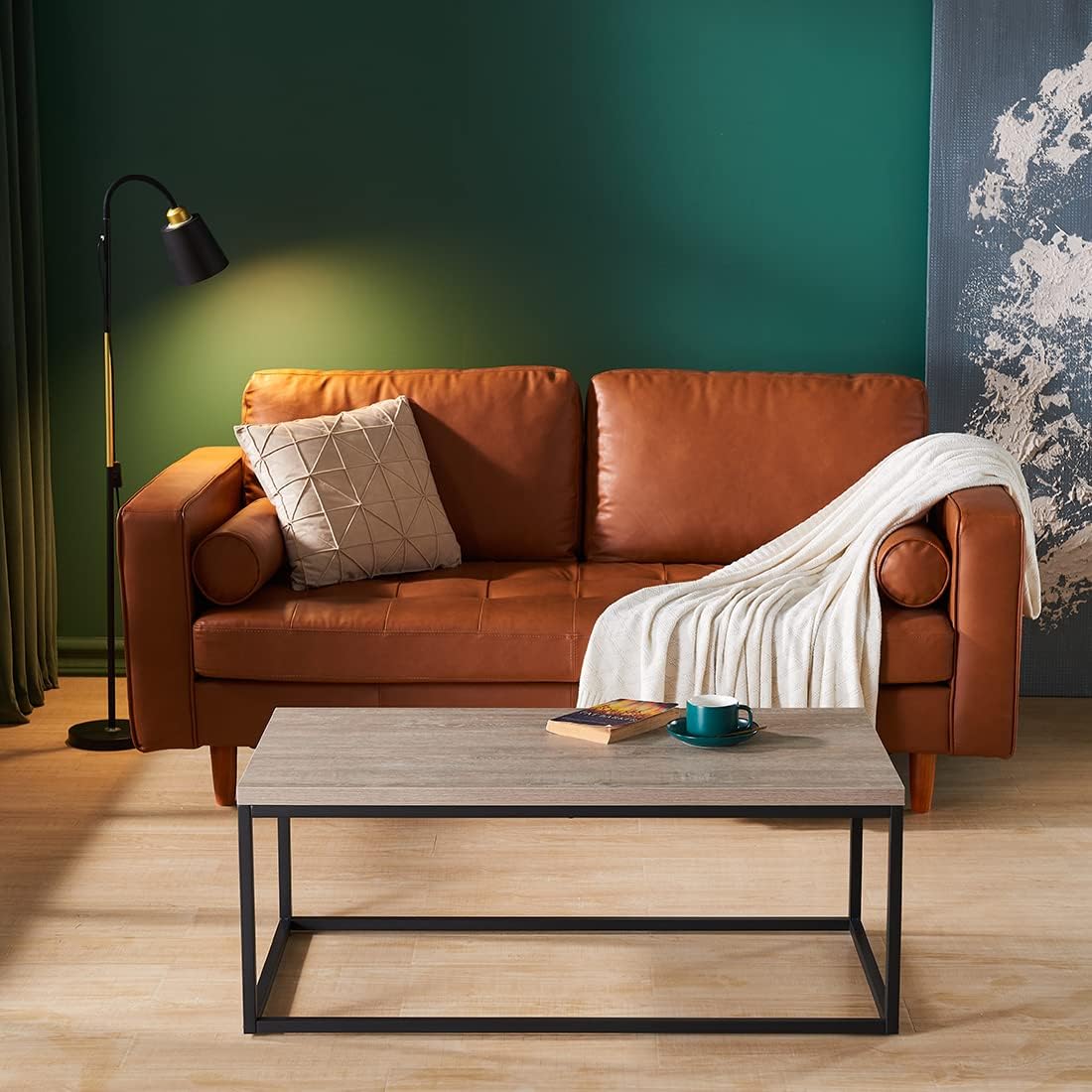 CENSI 40-in Grey Wash Accent Coffee Table Ottoman for Living Room, Rectangle, Mid-Century Modern Industrial Style, Extra Thick Top, Wood and Metal (French Oak)