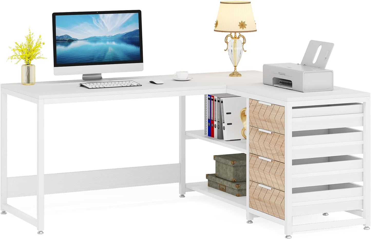LITTLE TREE 59-Inch L Shaped Desk with Drawers, Large Computer Desk with Storage Shelves, Reversible L-Shaped Corner Desk Workstation for Home Office