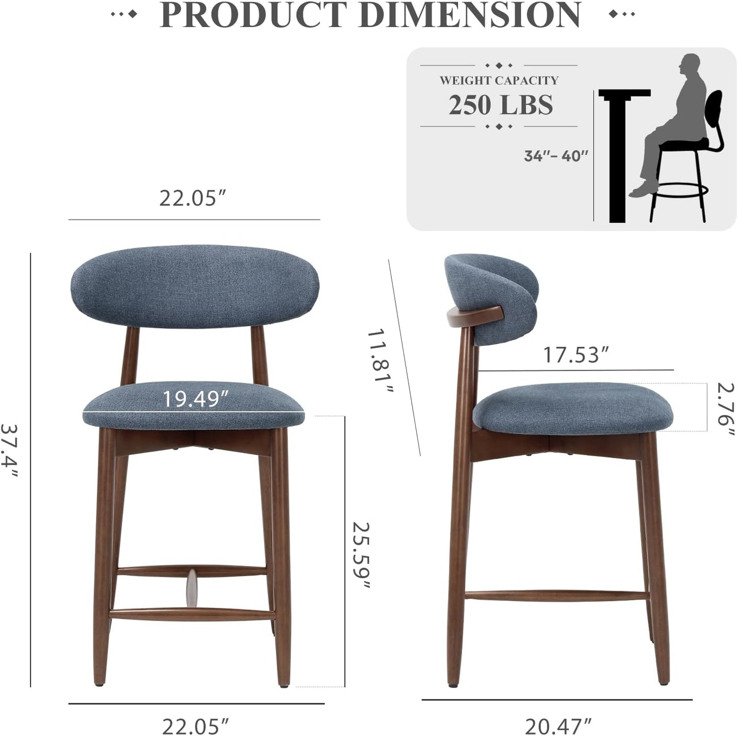 COLAMY Mid Century Modern Bar Stools Set of 4, Counter Height, Blue Fabric Upholstered Wooden Barstools with Back, 25 Inch