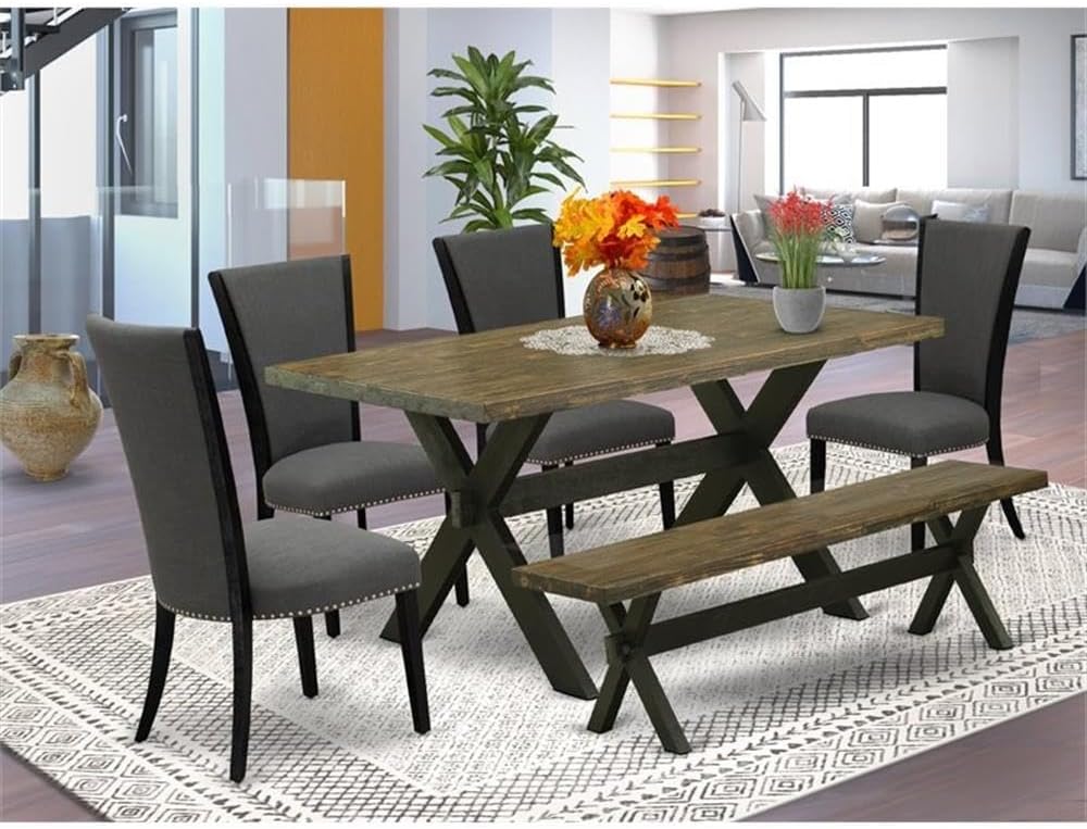 East West Furniture X676VE650-6 6 Piece Dining Set Contains a Rectangle Dining Room Table with X-Legs and 4 Dark Gotham Linen Fabric Parson Chairs with a Bench, 36x60 Inch, Multi-Color