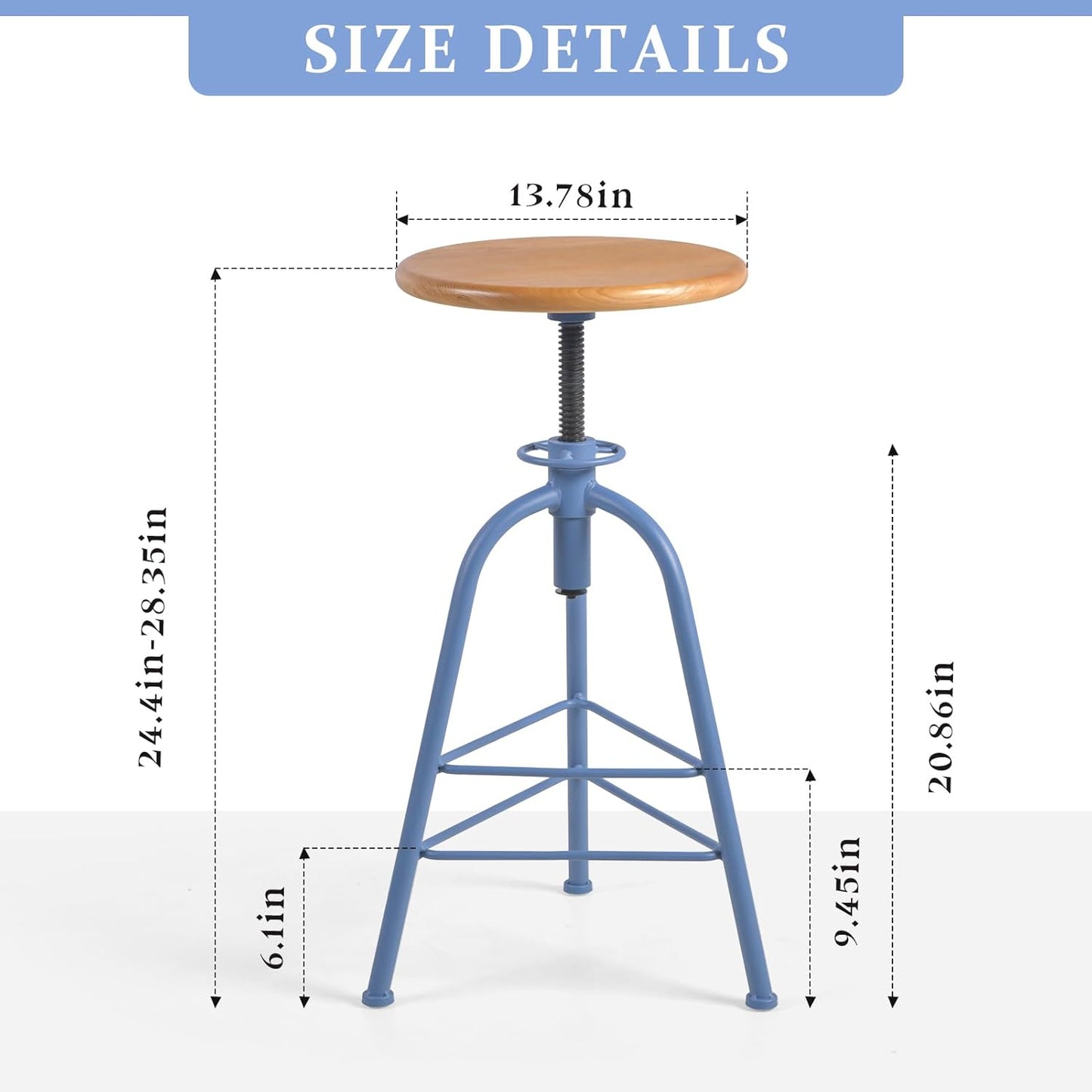 Industrial Bar Stools-Set of 2 24.4-28.3inch Counter Height Kitchen Stool-Modern Dinner Breakfast Chairs-Swivel Round Wooden Seat