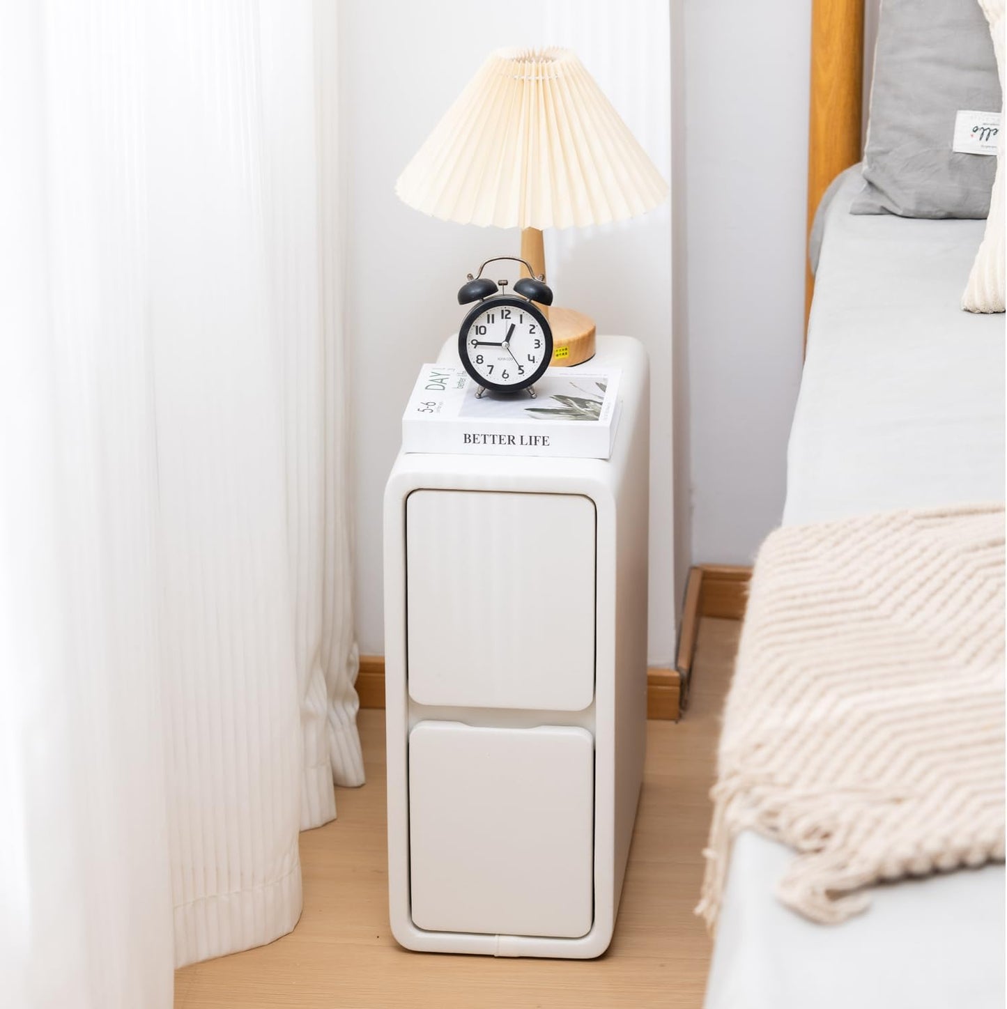 Narrow Nightstand, Solid Wood Night Stand, Slim Nightstands for Small Spaces, Couch, White Color 7.87in Wide