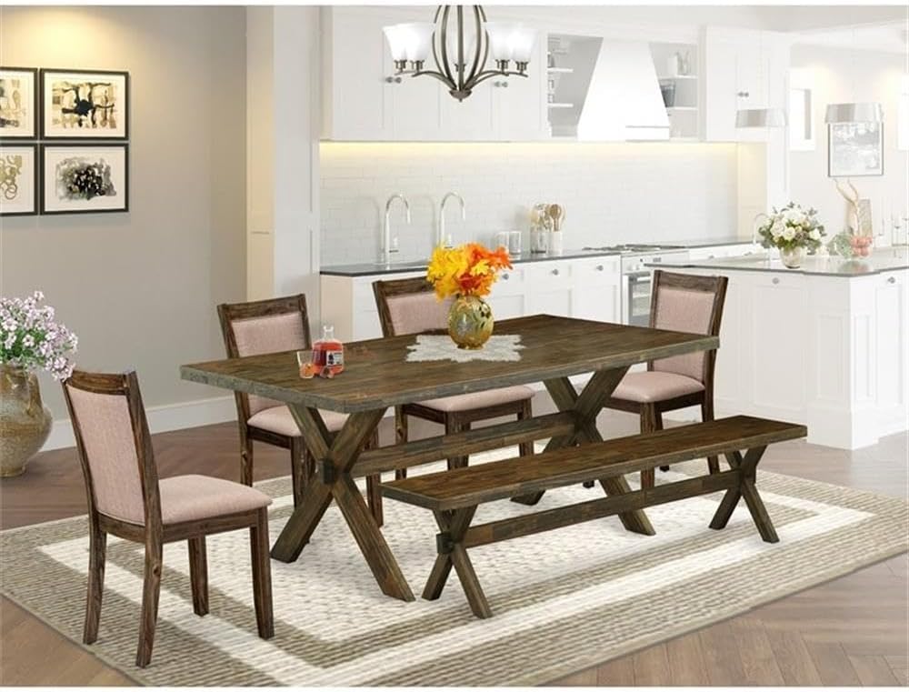 East West Furniture X777MZ716-6 6 Piece Dining Table Set Contains a Rectangle Dining Room Table with X-Legs and 4 Dark Khaki Linen Fabric Parson Chairs with a Bench, 40x72 Inch, Multi-Color