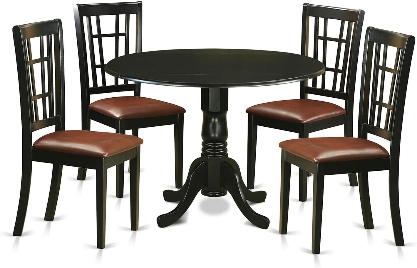 East West Furniture DLNI5-BLK-LC 5 Piece Dining Set Includes a Round Dining Room Table with Dropleaf and 4 Faux Leather Upholstered Kitchen Chairs, 42x42 Inch, Black