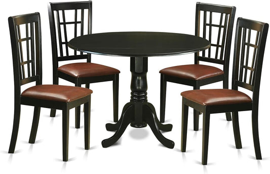 East West Furniture DLNI5-BLK-LC 5 Piece Dining Set Includes a Round Dining Room Table with Dropleaf and 4 Faux Leather Upholstered Kitchen Chairs, 42x42 Inch, Black