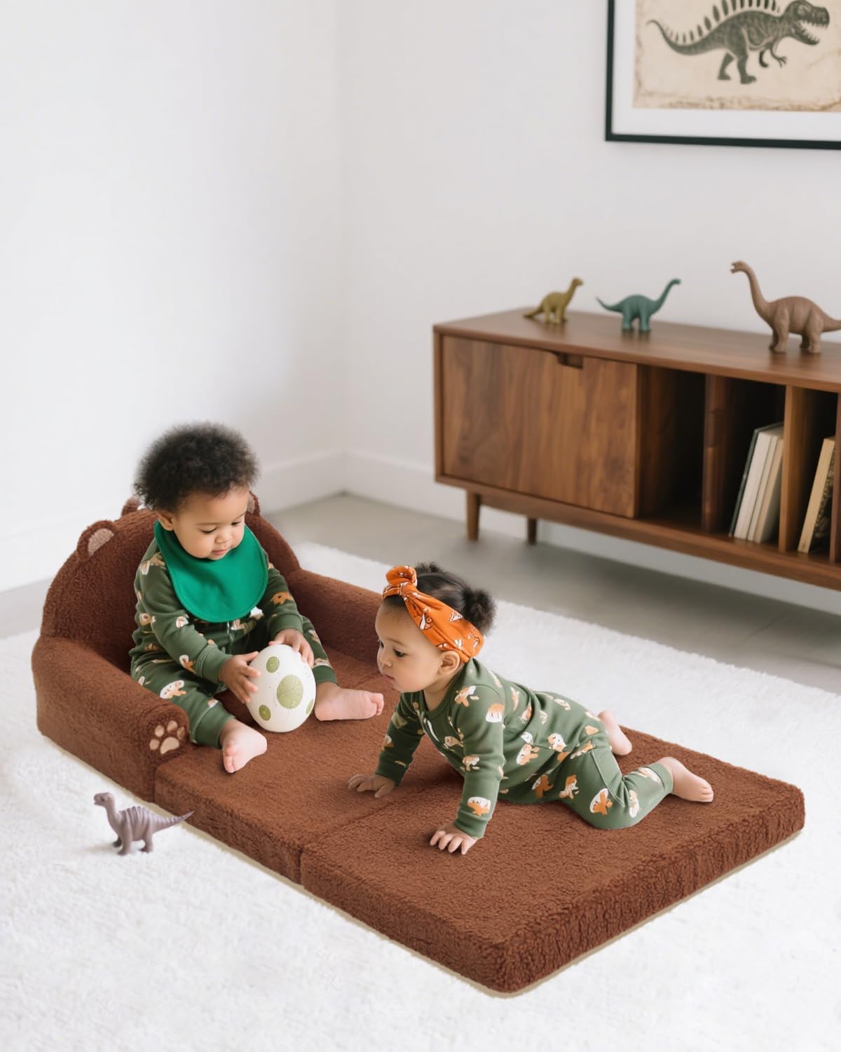 MOONBEEKI 2-in-1 Foldable Toddler Couch, Soft Sherpa Fabric with Washable Cover, Convertible Sofa to Lounger, Kids Sofa for Playroom, Bedroom, Living Room, Birthday Gift, Ages 3-6, Bear, Large