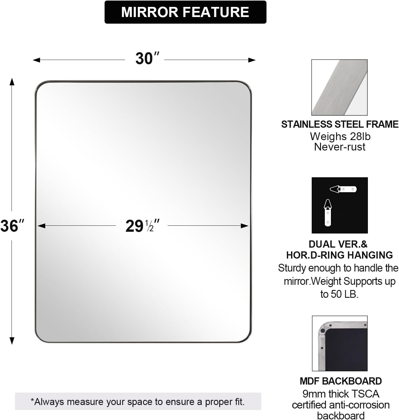 ANDY STAR Wall Mirror Brushed Nickel for Bathroom, 30x36 Rounded Rectangle Mirror with Stainless Steel Silver Metal Frame, Modern Bathroom Vanity Mirror