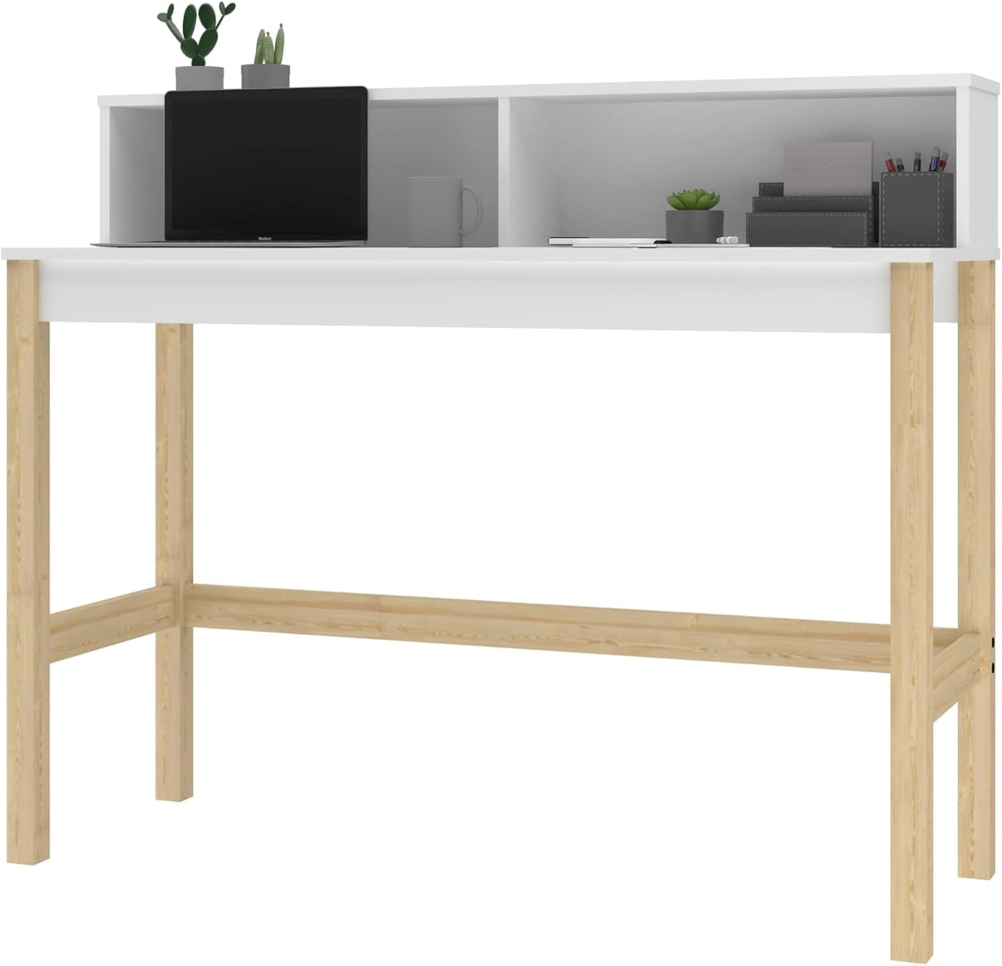 Manhattan Comfort Bowery 47 Inch Mid Century Modern Home Office Desk, Study Table or Entryway Furniture with 2 Cubbies and Rustic Wood Base, White/Oak
