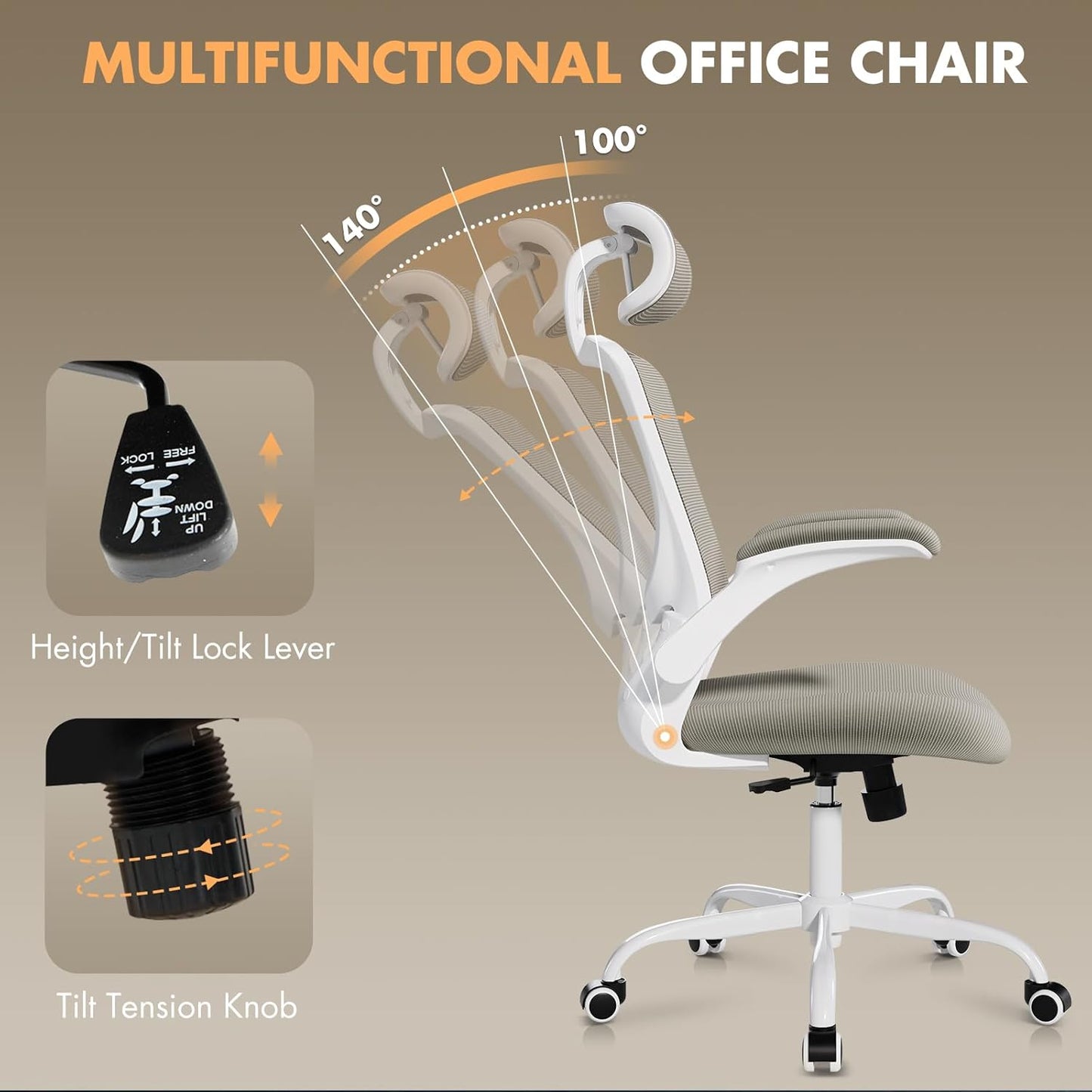 High Back Office Chair with Adjustable Lumbar Support & Headrest, Ergonomic Mesh Desk Chair with Flip-Up Armrests, Breathable & Comfortable Computer Chair for Home, Office & Study, Khaki