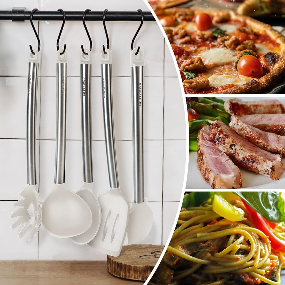 Kitchen Utensil Set-Silicone Cooking Utensils-33 Kitchen Gadgets & Spoons for Nonstick Cookware-Silicone and Stainless Steel Spatula Set-Best Kitchen Tools, Useful Pots (Cream White)