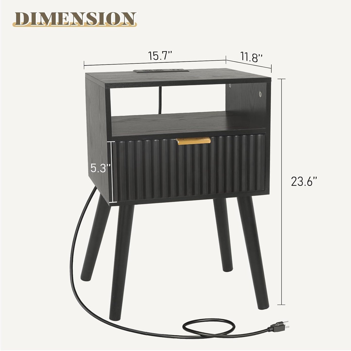 Black Nightstand with Charging Station, Mid Cetury Modern Nightstand with Drawers, Fluted End Side Table with Solid Wood for Bedroom, Dorm and Small Space (Black)