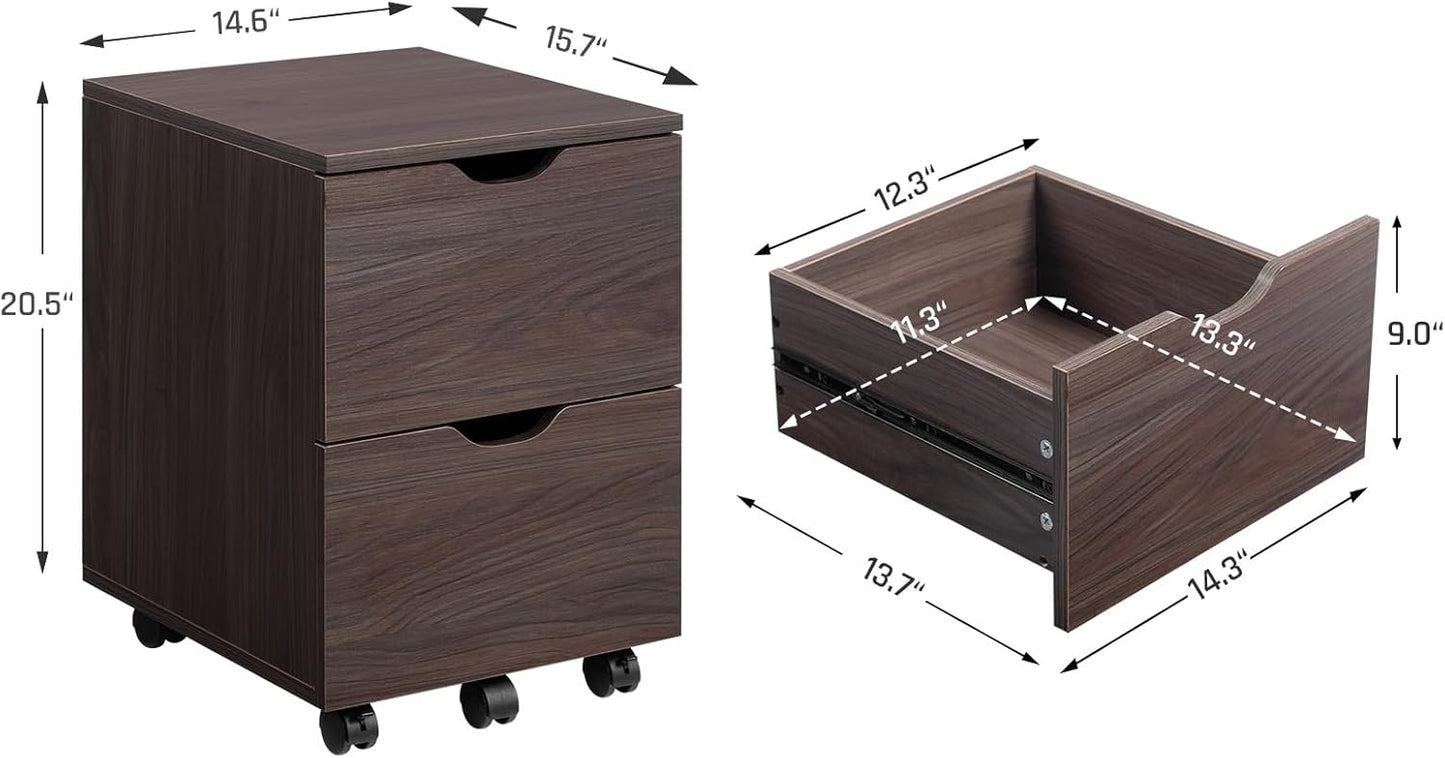 HollyHOME Under Desk Cabinet, Deep 2-Drawer Mobile Wood Cabinet, Storage Drawer for Home, Rolling Shelf for Office, Rolling Printer Stand, for A4, Modern, Dark Brown