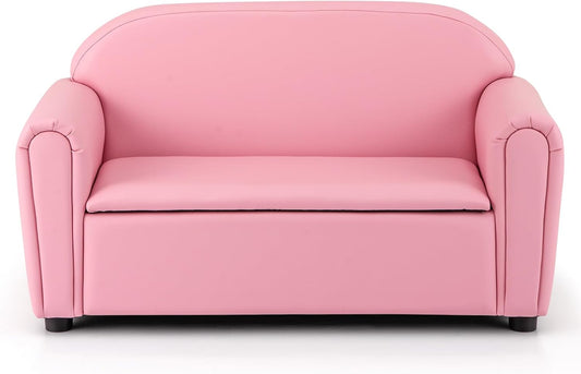 Costzon Kids Couch, 2 in 1 Double Seat Children's Sofa w/Under Seat Storage, PU Leather Surface, Toddler Armrest Chair, Kids Room, Soft Children Pink Sofa with Storage for Preschool Baby Girls Gifts