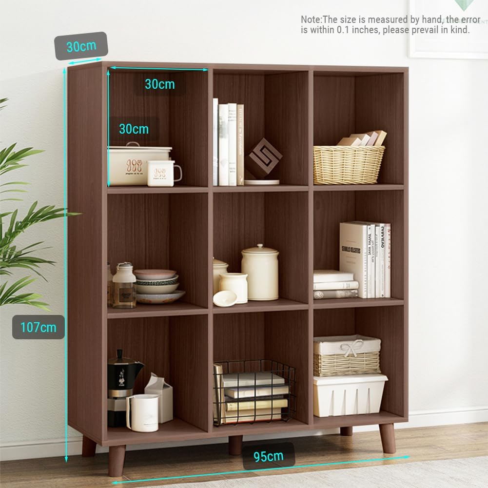 IOTXY Open Cube Low Bookcase - 3-Tier Freestanding Storage Display Cabinet Organizer with Legs for Home Office, 9-Cubes Open Shelf Short Bookshelf, Walnut