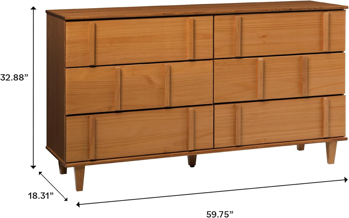 Walker Edison Contemporary Detailed 6-Drawer Solid Wood Dresser, 60 Inch, Caramel