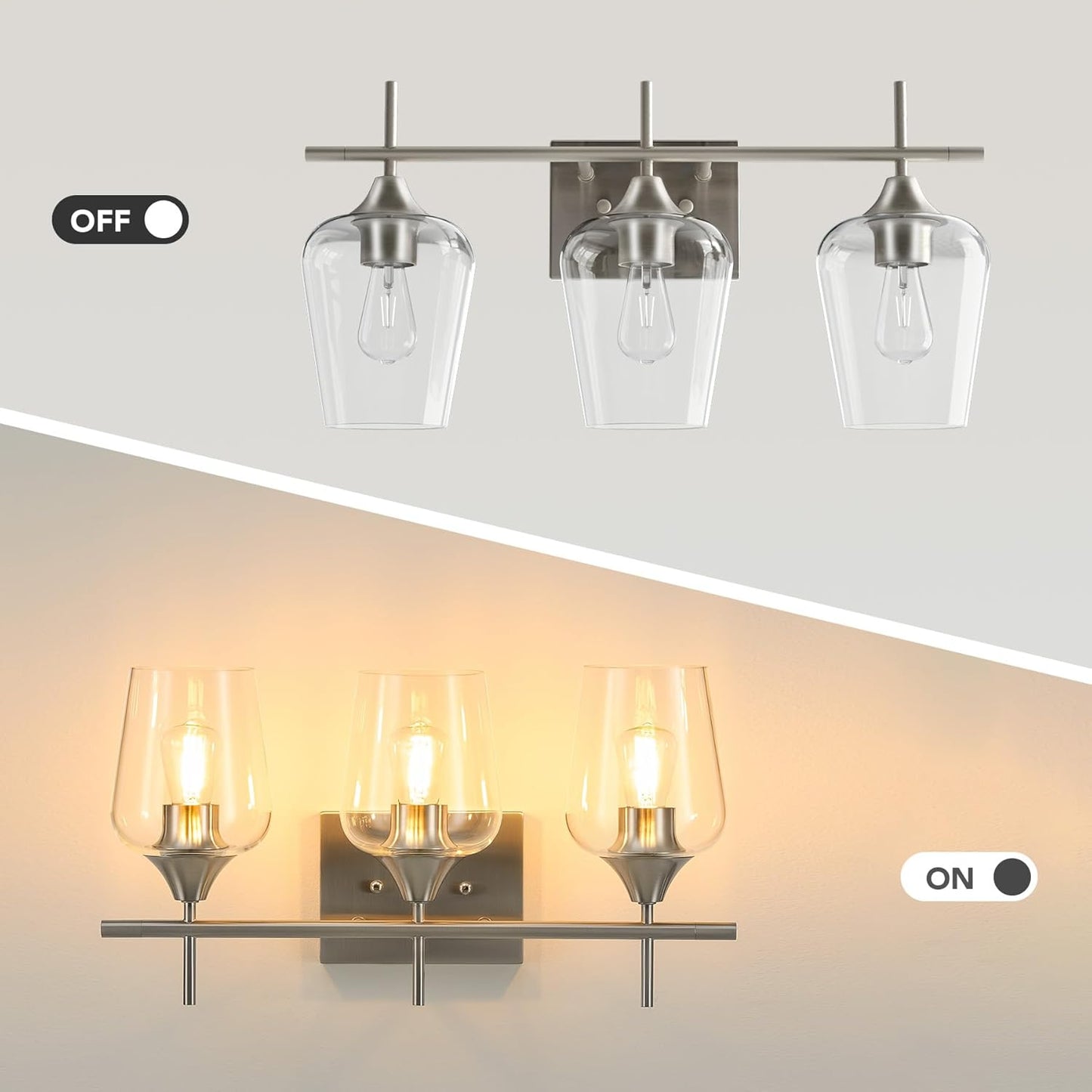 VONLUCE Bathroom Vanity Light, 3 Light Bathroom Light Fixture Over Mirror, Bathroom Wall Lamp with Clear Glass, Modern Brushed Nickel Vanity Lighting fixtures for Bathroom, Bedroom, Hallway