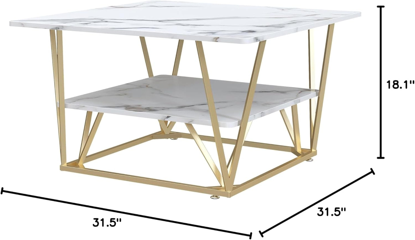 Elephance Square Coffee Table for Living Room, 31.5 Inch Modern Coffee Table with Storage, 2-Tier White and Gold, Wooden Tabletop-Marble White with Gold Frame