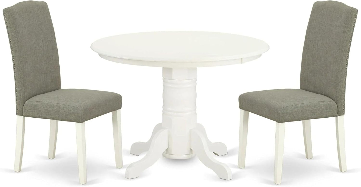 East West Furniture SHEN3-LWH-06 3 Piece Dining Set Contains a Round Kitchen Table with Pedestal and 2 Dark Shitake Linen Fabric Parson Dining Chairs, 42x42 Inch, Linen White