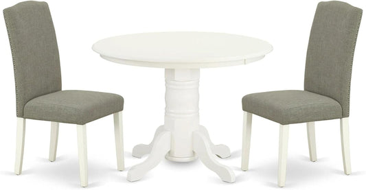 East West Furniture SHEN3-LWH-06 3 Piece Dining Set Contains a Round Kitchen Table with Pedestal and 2 Dark Shitake Linen Fabric Parson Dining Chairs, 42x42 Inch, Linen White