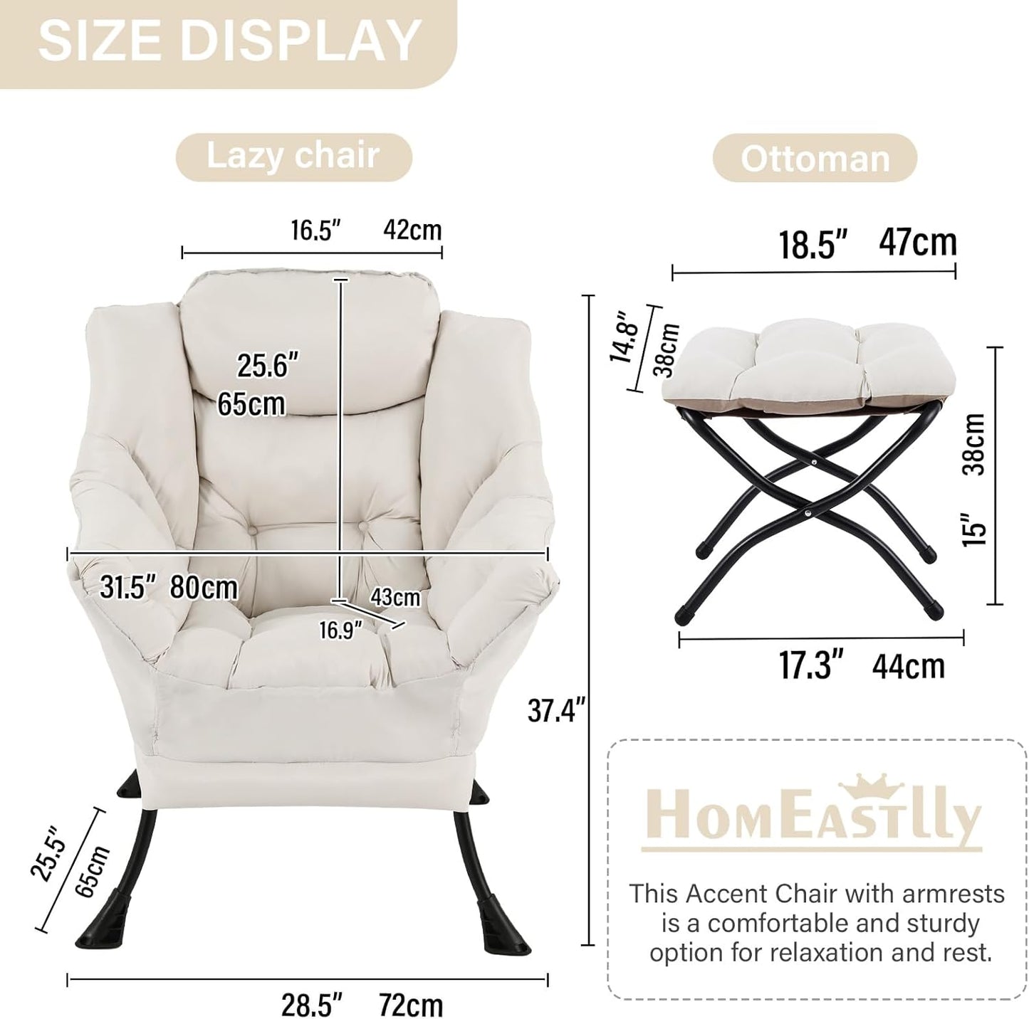 Lazy Chair with Ottoman, Large Modern Lounge Accent Chair with Armrests and Footrest, Reading Armchair with Ottoman, Leisure Sofa Chair for Living Room, Bedroom, Dorm Room, Office（Beige）