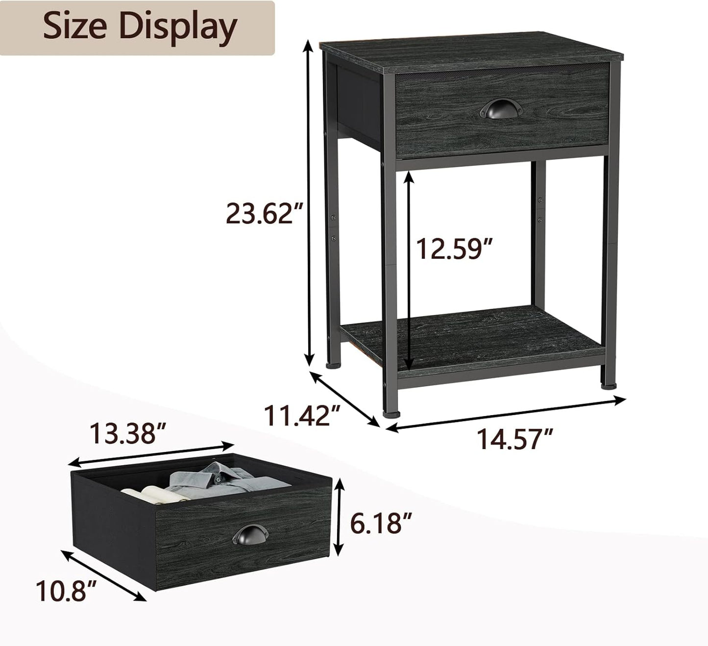 Furologee Nightstand with Fabric Drawer & Storage Shelf, Small Bedside Table Organizer for Small Space, 2 Tiers Industrial End Table, Side Table for Living Room, Bedroom, Black Oak