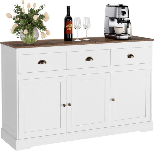 Keyluv White Buffet Cabinet Storage Sideboard Farmhouse Server Bar Wine Cabinet with 3 Drawers & 3 Doors Adjustable Shelves Console Table for Dining Living Room Kitchen Cupboard