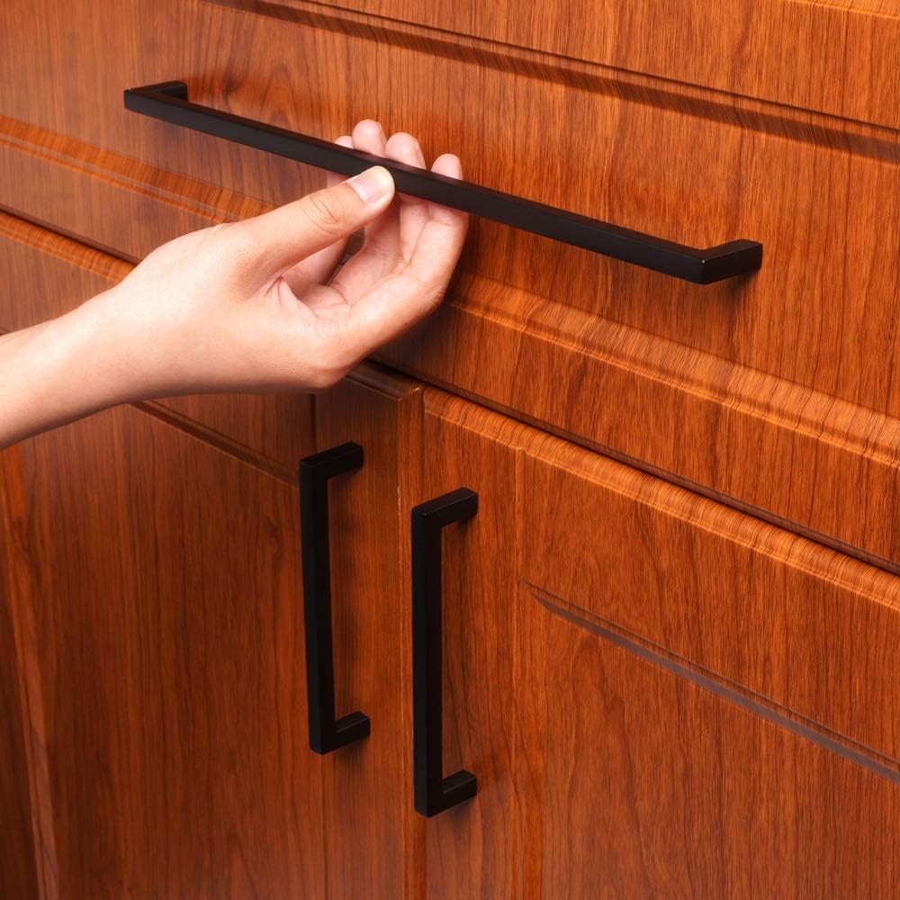 KOOFIZO Solid Square Bar Cabinet Handle - Black Furniture Pull, 12.6 Inch/320mm Screwhole Distance, 1-Piece for Kitchen Cupboard Door, Bedroom Dresser Drawer, Bathroom Wardrobe Hardware