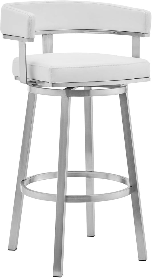 Armen Living Lorin Modern 30" Seat Height White Faux Leather and Brushed Stainless Steel Metal Swivel Bar Stool for Kitchen Island Counter