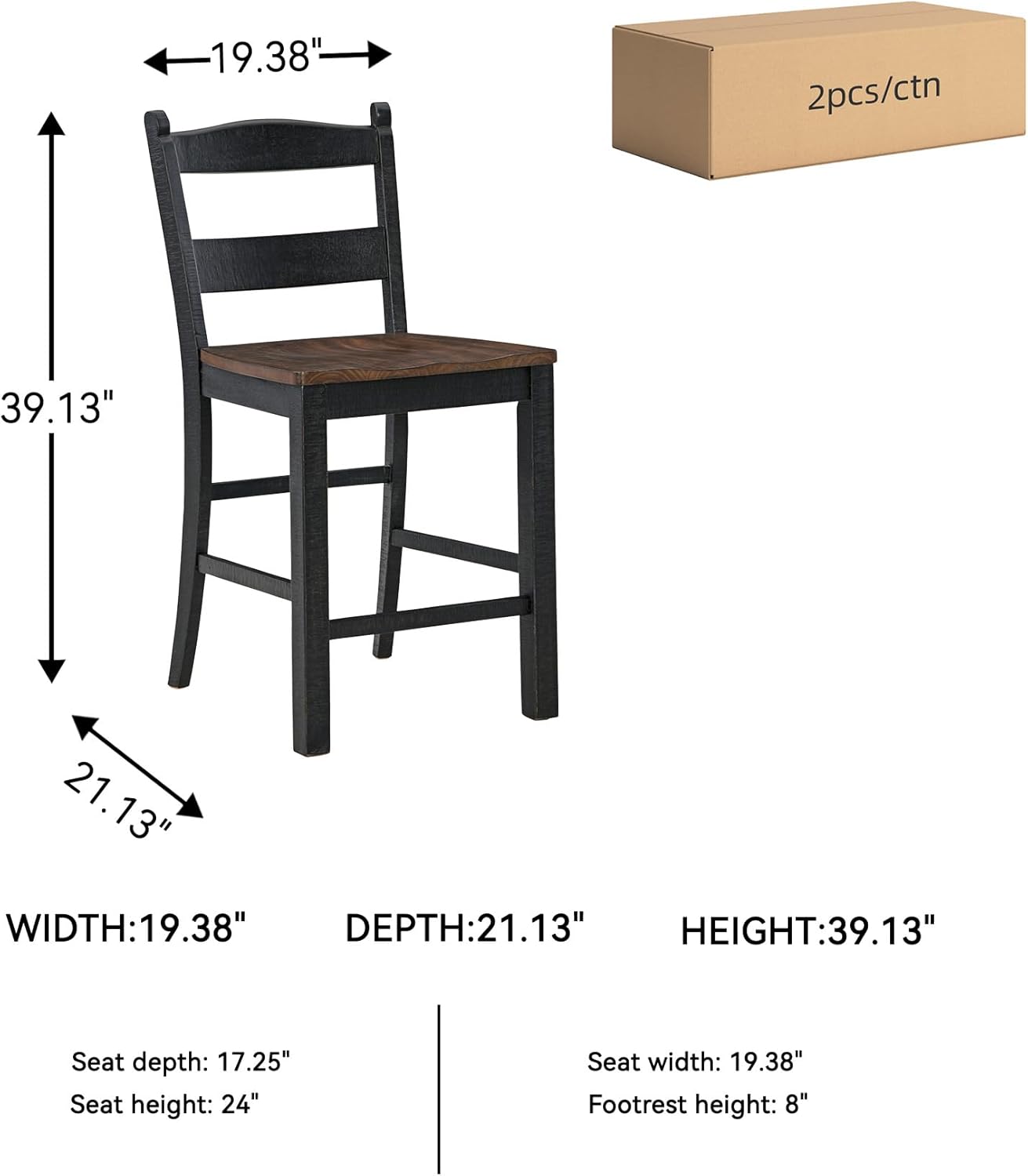Signature Design by Ashley Valebeck Rustic 24” Counter Height Bar Stool with Contoured Seat, Set of 2, Black & Dark Brown