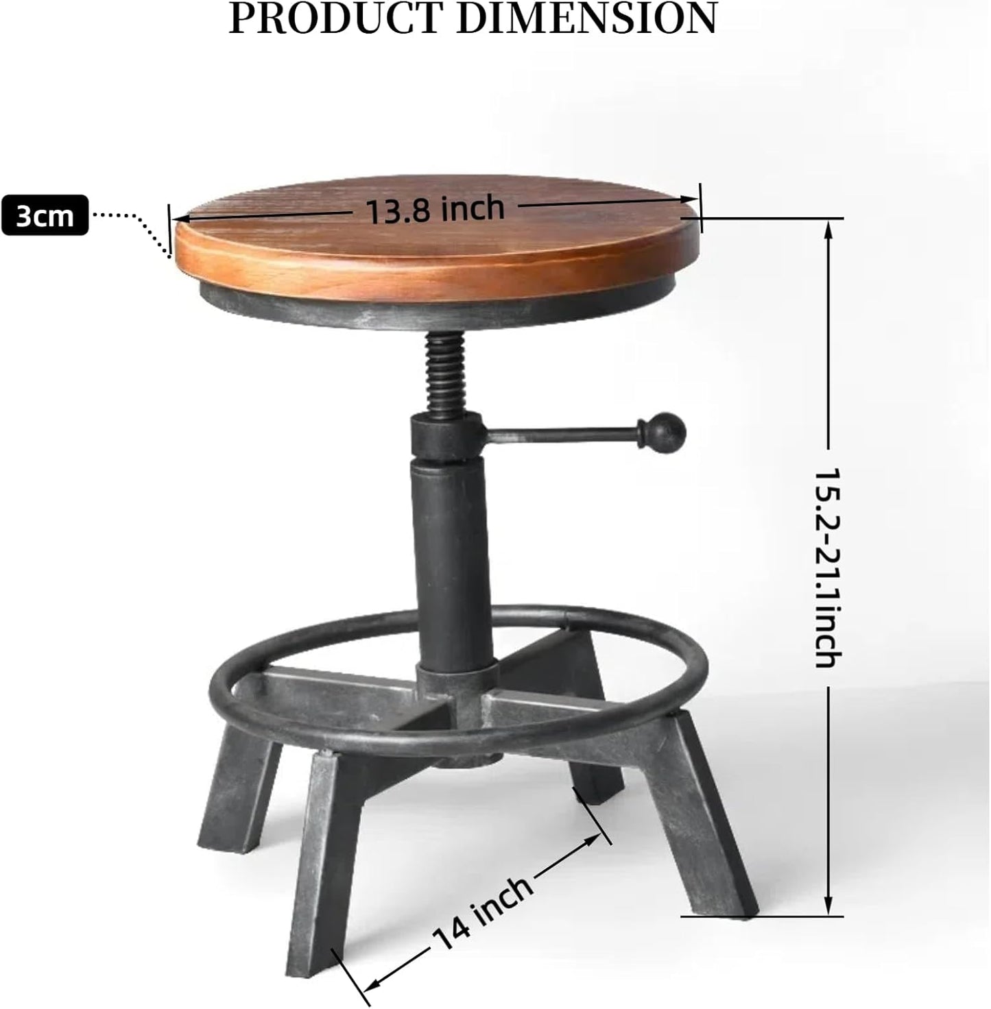 Set of 2-Industrial Bar Stool-Counter Height Chairs- Swivel Wooden Seat- Adjustable 15.2-21"