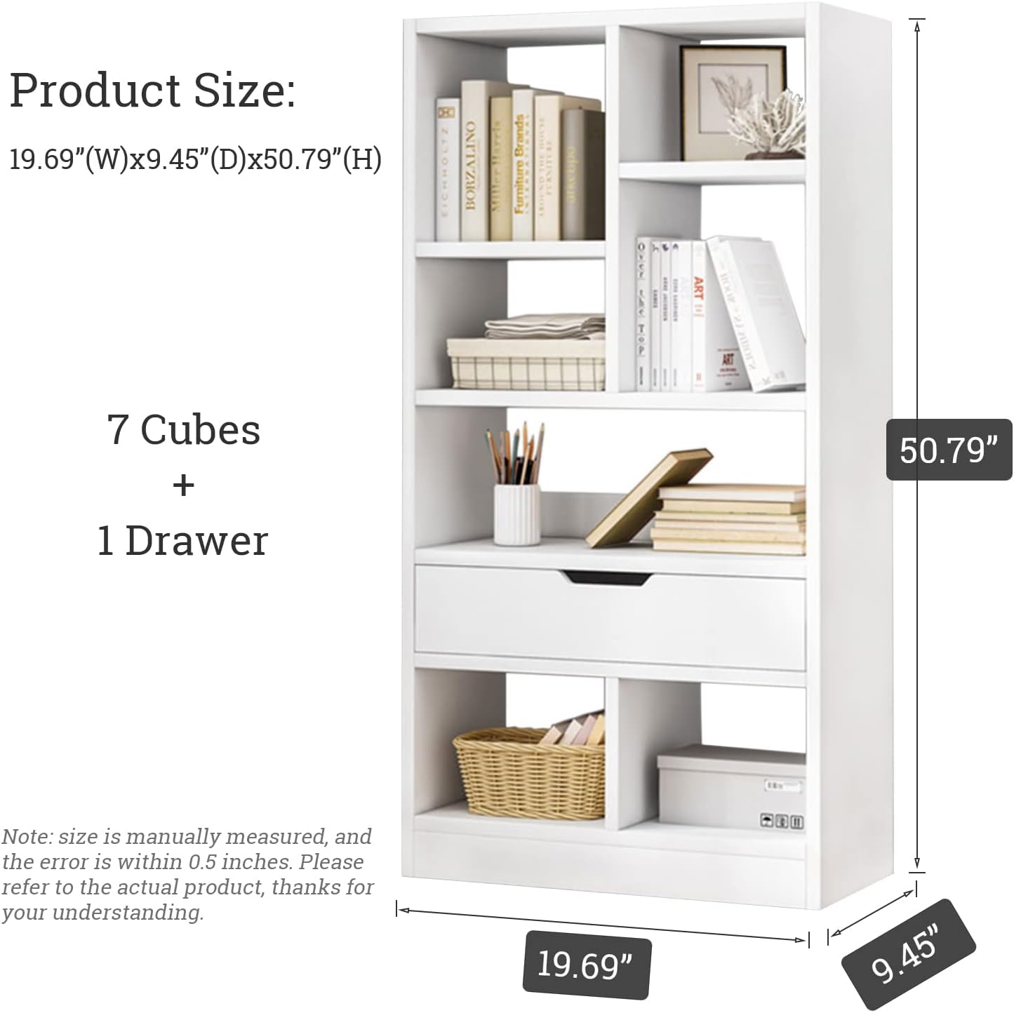 IOTXY Wooden Open Shelf Bookcase - 51 Inches Height Freestanding Display Storage Cabinet Organizer with 7 Cubes and a Drawer, Floor Standing Bookshelf in Warm White