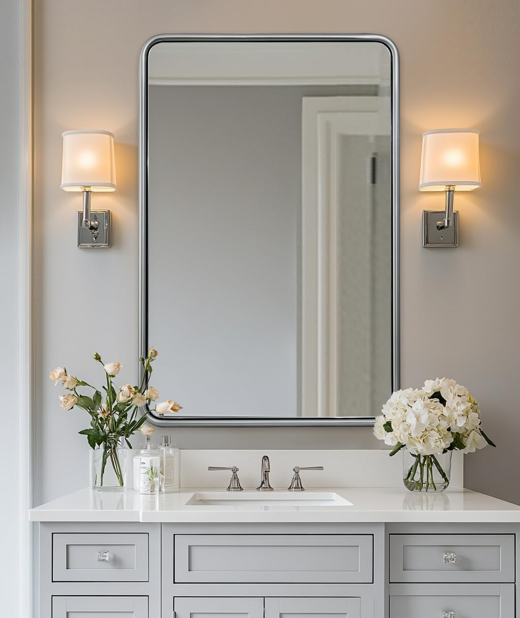 ANDY STAR 24x36 Brushed Nickel Bathroom Mirror, Stainless Steel Metal Frame with Rounded Corner Rectangle Bathroom Mirror for Over Sink, Modern Silver Mirror for Bathroom, Power Room, Living Room